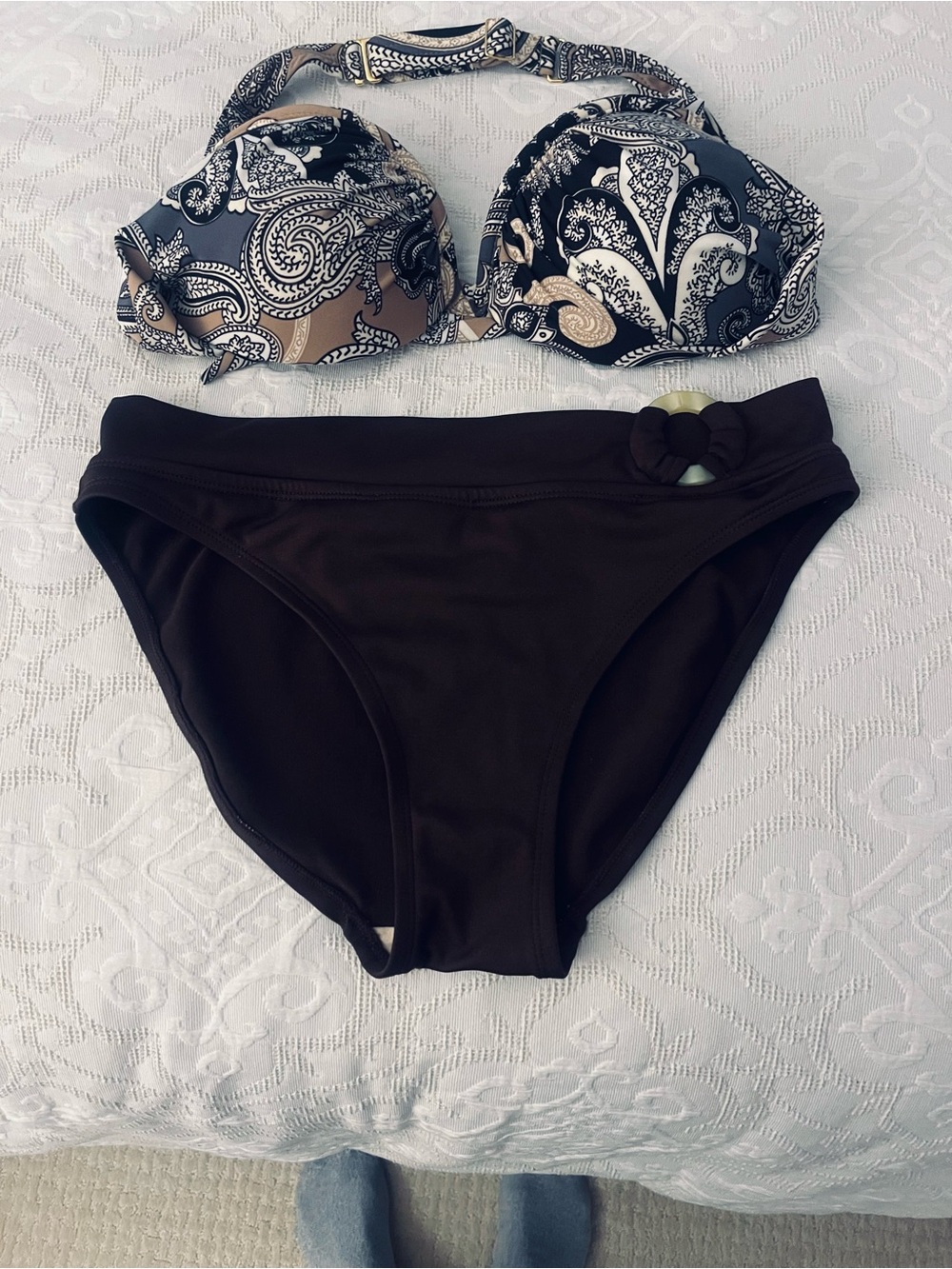 Brown Paisley Underwire Bikini Top with Solid Brown Mid-Rise Bottoms